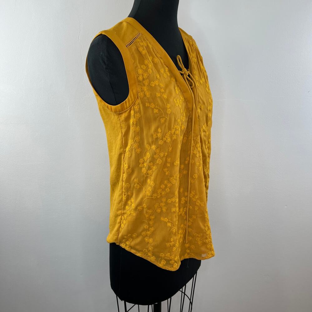 Anthropologie MAEVE Mustard Yellow Floral Embroidered Lace-Up Sleeveless Top 4 - Picture 5 of 12